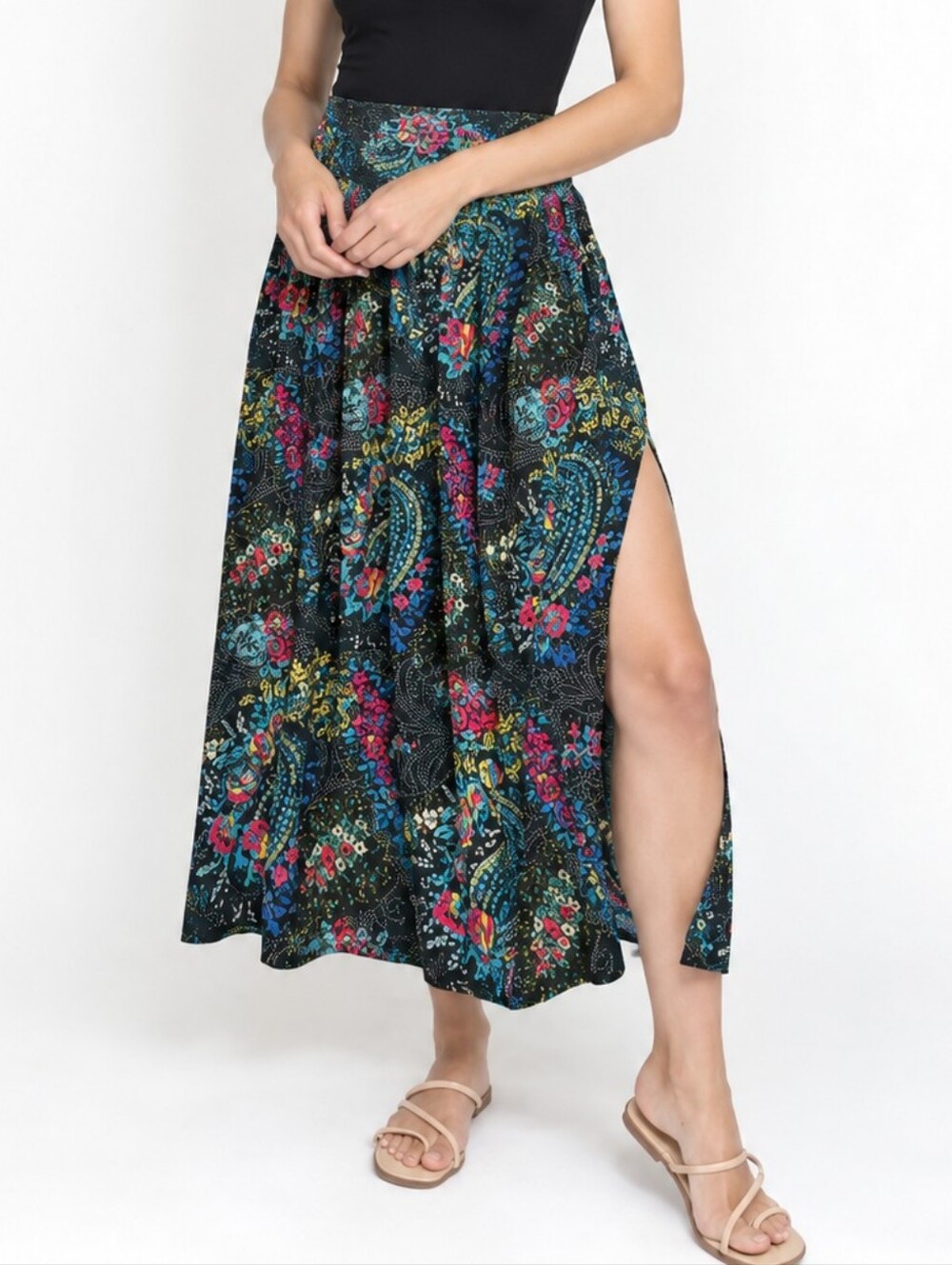 Natural Life Addie Black Paisley Floral Midi Skirt M Slit Boho Cottagecore NWT